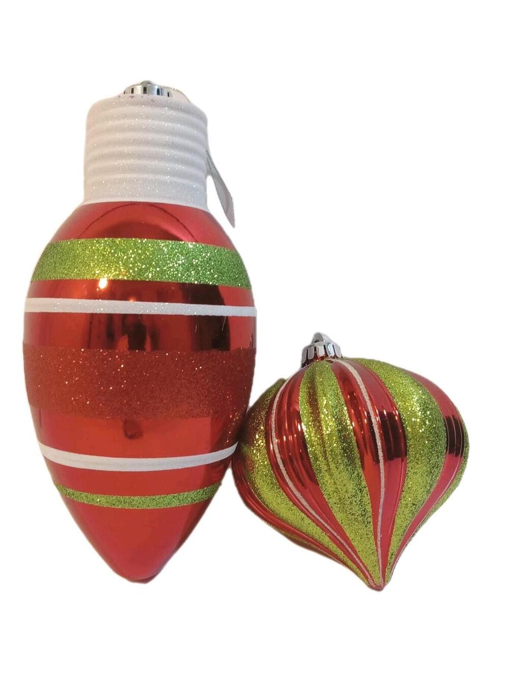 Finial Style Christmas Ornaments Red Green Lot Of 2 Teardrop Lightbulb / Onion